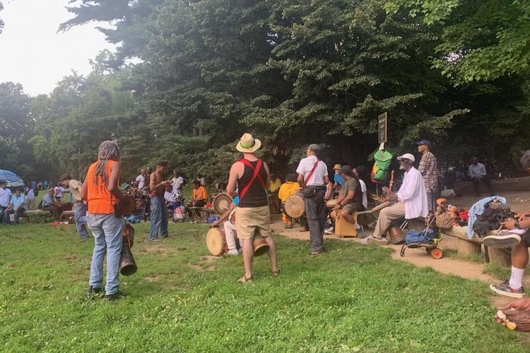  At a space named Congo Square in honor of the antebellum site in New Orleans where former enslaved Africans gathered for cultural expression and entertainment, drummers began to beat on their African styled Congo drums.